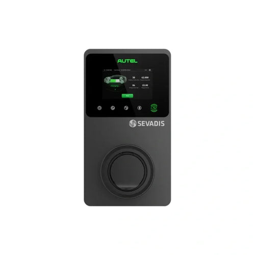 Autel MaxiCharger EV charger with SEVADIS display screen showing charging status and rotary dial control - UK home charging point