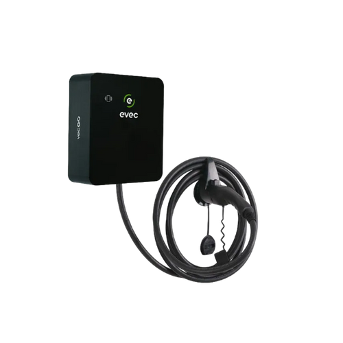 Evec Go EV charger in black with tethered coiled charging cable - UK home charging point