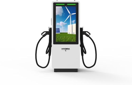 Hydra Apollo Max commercial DC EV charger with advertising screen side angle