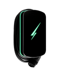Hypervolt Home 3 Pro black EV charger with teal LED accent and lightning bolt logo side profile shadow view on transparent background