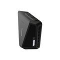Easee Charge Max EV charger three-quarter perspective in black, three top cable entry ports, side vents and MID meter on lower panel