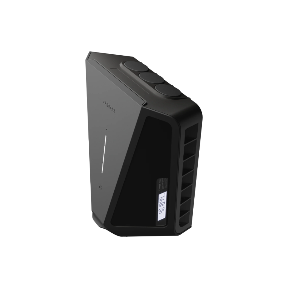 Easee Charge Max EV charger three-quarter perspective in black, three top cable entry ports, side vents and MID meter on lower panel