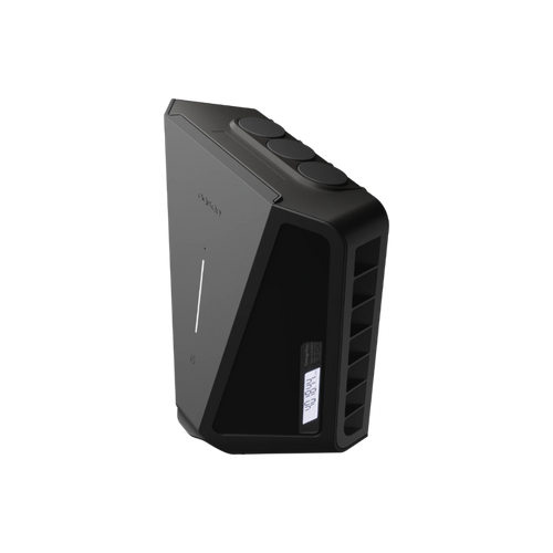 Easee Charge Max EV charger three-quarter perspective in black, three top cable entry ports, side vents and MID meter on lower panel