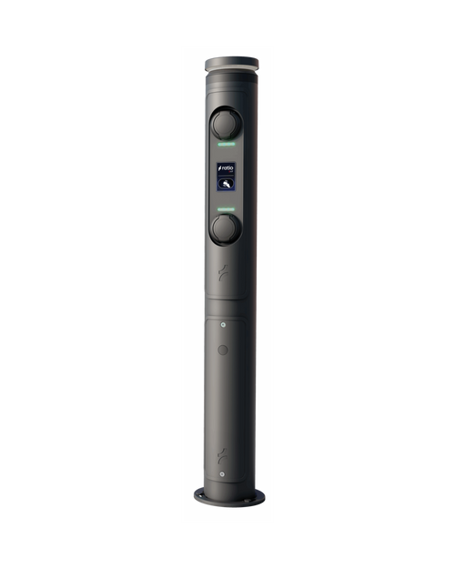 Ratio iO7 bollard EV charger product render in dark grey, cylindrical post with two socket covers, central ratio display screen and green LED indicators