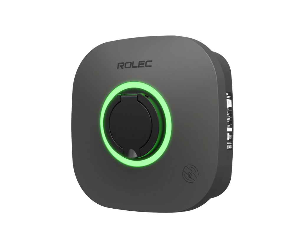 Rolec EVO 7kW British-made home EV charger in dark grey, three-quarter view with ROLEC logo, glowing green LED ring around Type 2 socket cover and RFID reader icon