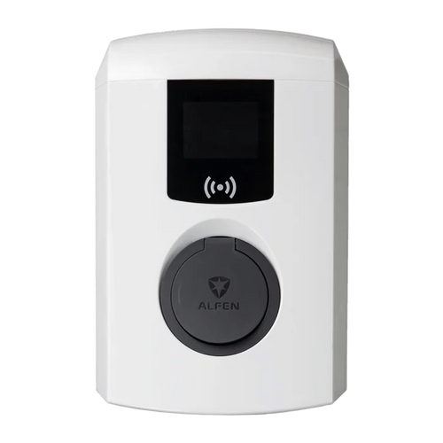 Alfen Eve Single Pro Line 22kW 3-phase EV charger in white with OLED display window, RFID logo and grey Type 2 socket cover branded ALFEN