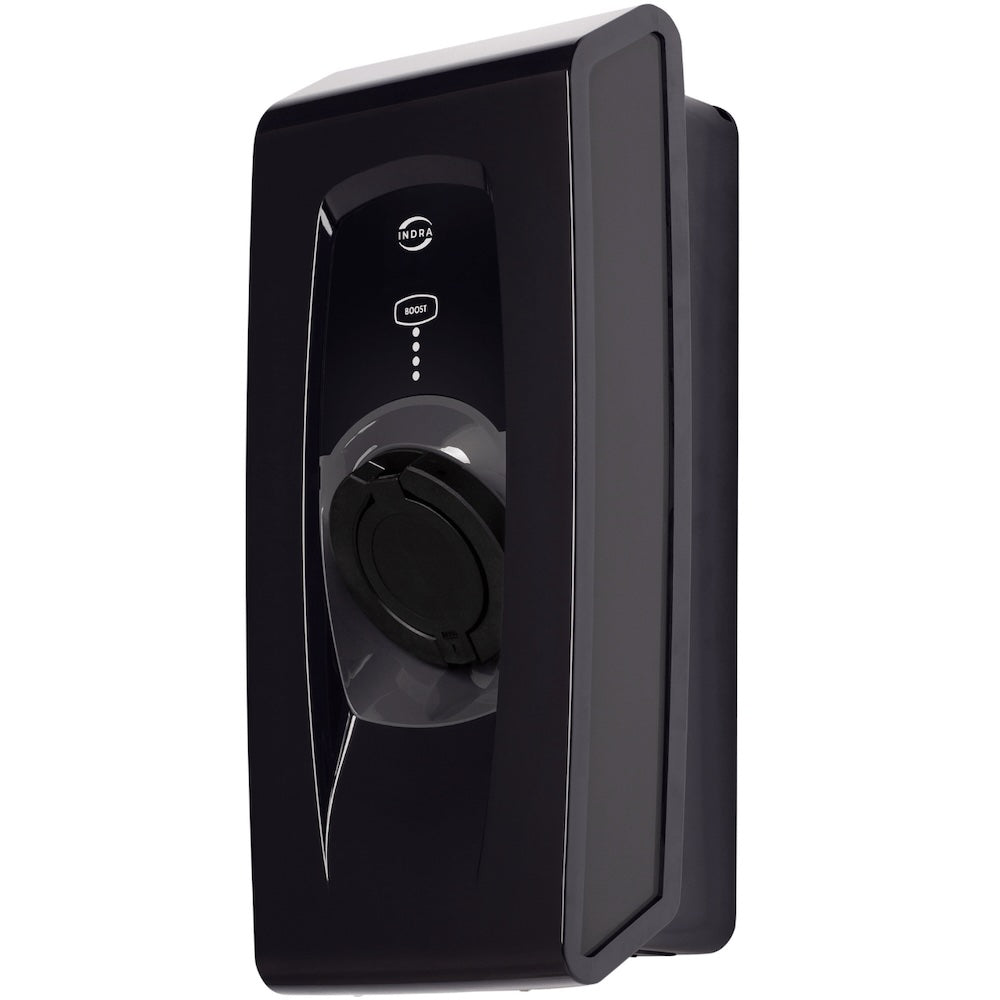 Buy the black Indra Smart PRO solar-compatible home electric vehicle charging point from ON-EV.