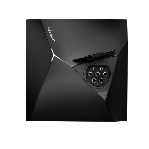 NexBlue Point home EV charger in matte black with faceted angular body, NEXBLUE wordmark and open Type 2 socket showing pinhole pattern inside triangular recess