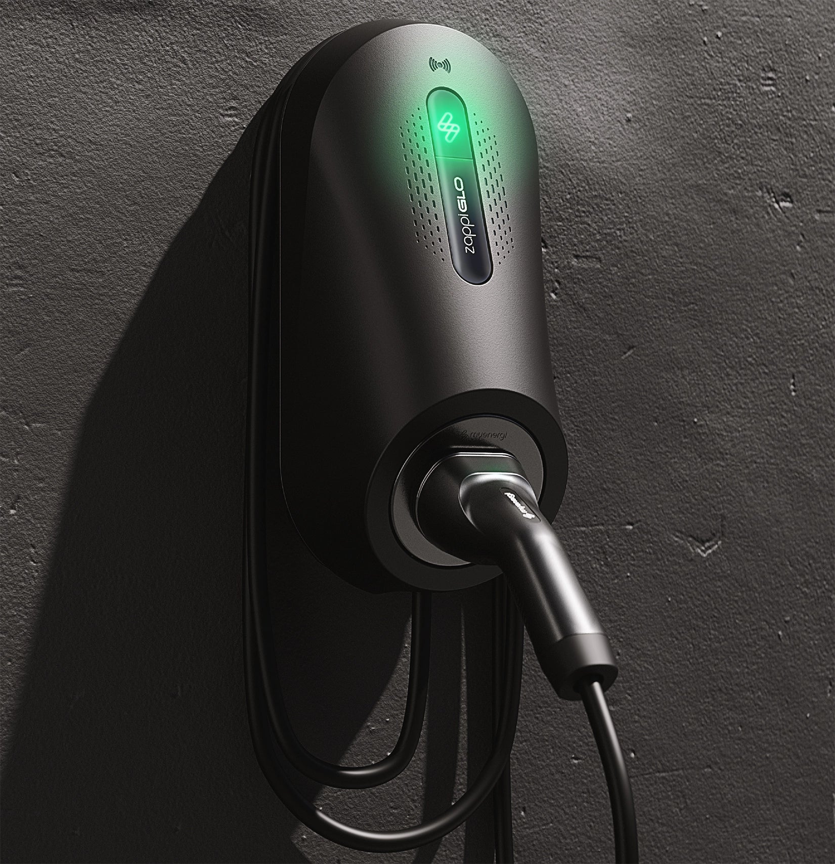 Buy the black Zappi GLO illuminated solar home electric vehicle charging point from ON-EV.