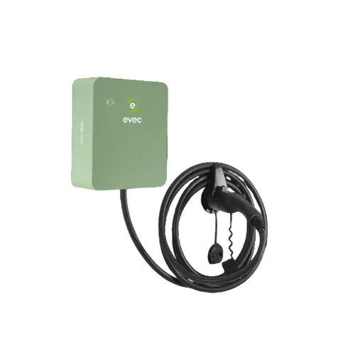 Evec Go EV charger in sage green with tethered coiled charging cable - UK home charging point