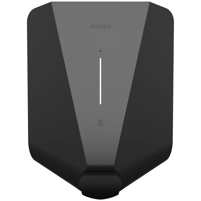 Easee Charge Core 22kW commercial EV charger in black, front view with easee logo at top, vertical LED status strip and Type 2 socket housing
