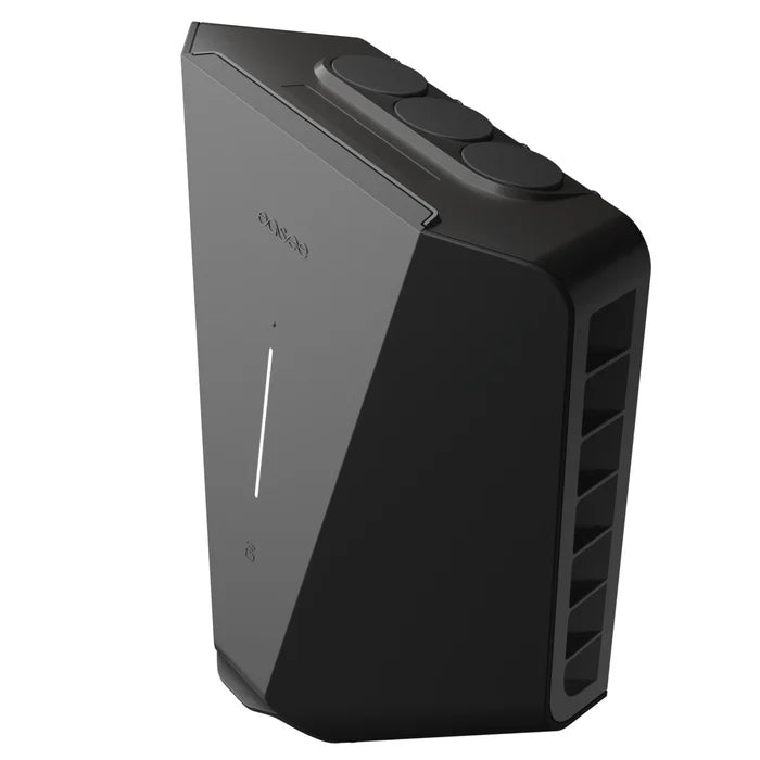 Easee Charge Core 22kW EV charger three-quarter angled view in black, side ventilation slats and three round cable entry caps on top