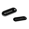 Two Easee RFID key fobs in glossy black, one showing embossed easee logo and the other showing the easee.cloud registration code on reverse