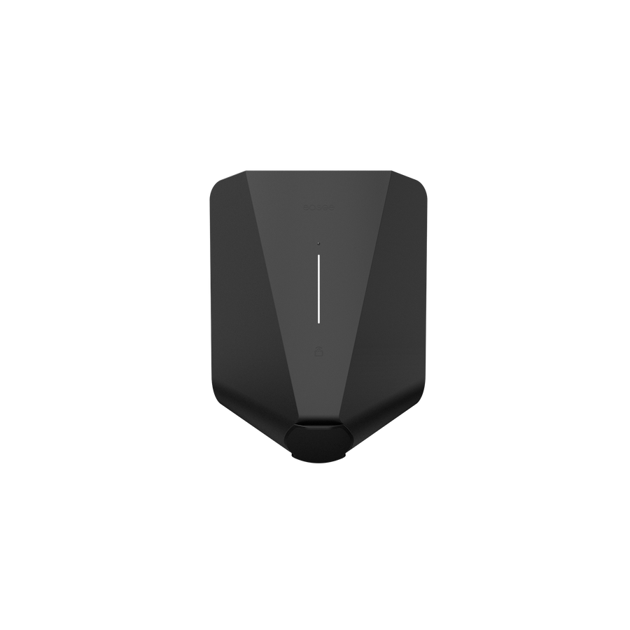 Easee One untethered home EV charger in matte black, front view with vertical LED status strip and Type 2 socket housing at base