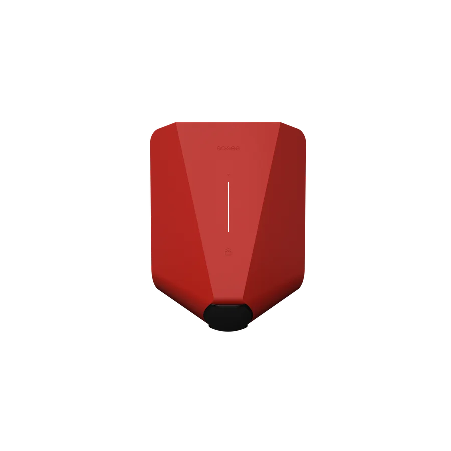 Easee One untethered home EV charger in red, front view with easee logo, LED status strip and Type 2 socket housing