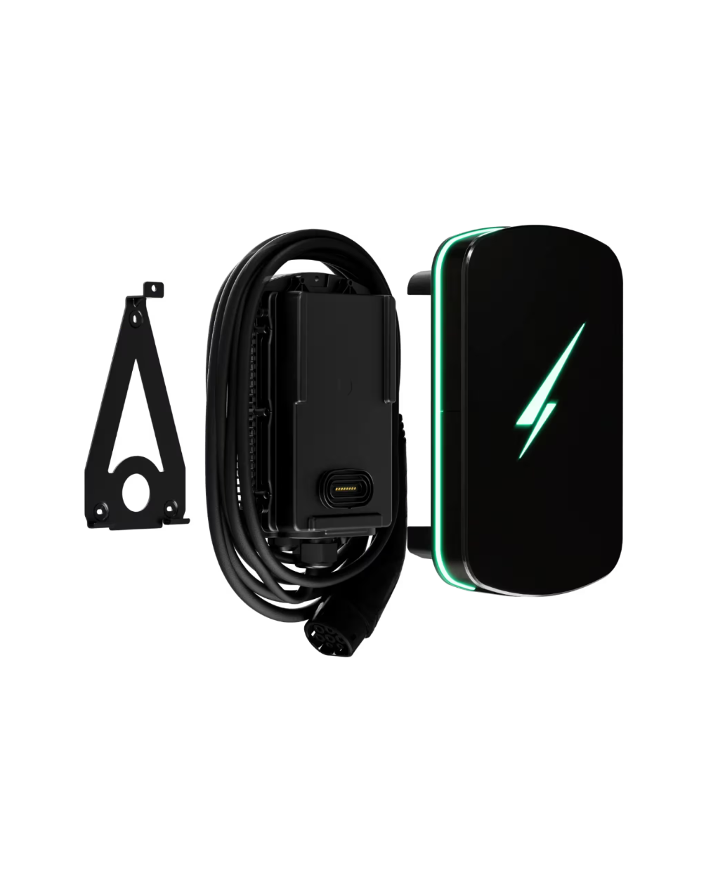 Exploded view of black tethered EV home charger showing charging unit, coiled cable and wall mounting bracket
