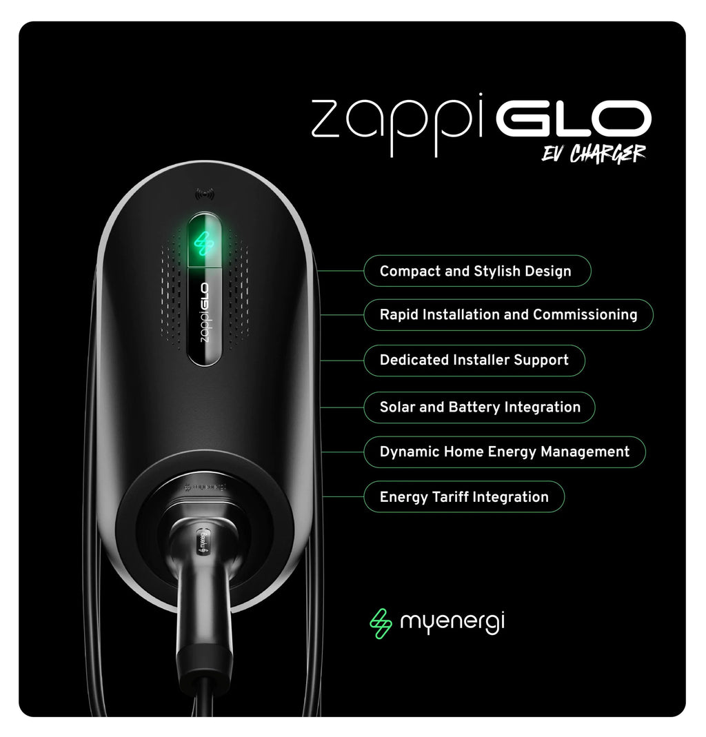 Get your UK-built black myenergi Zappi GLO EV charger from ON-EV and get a custom home installation quote.
