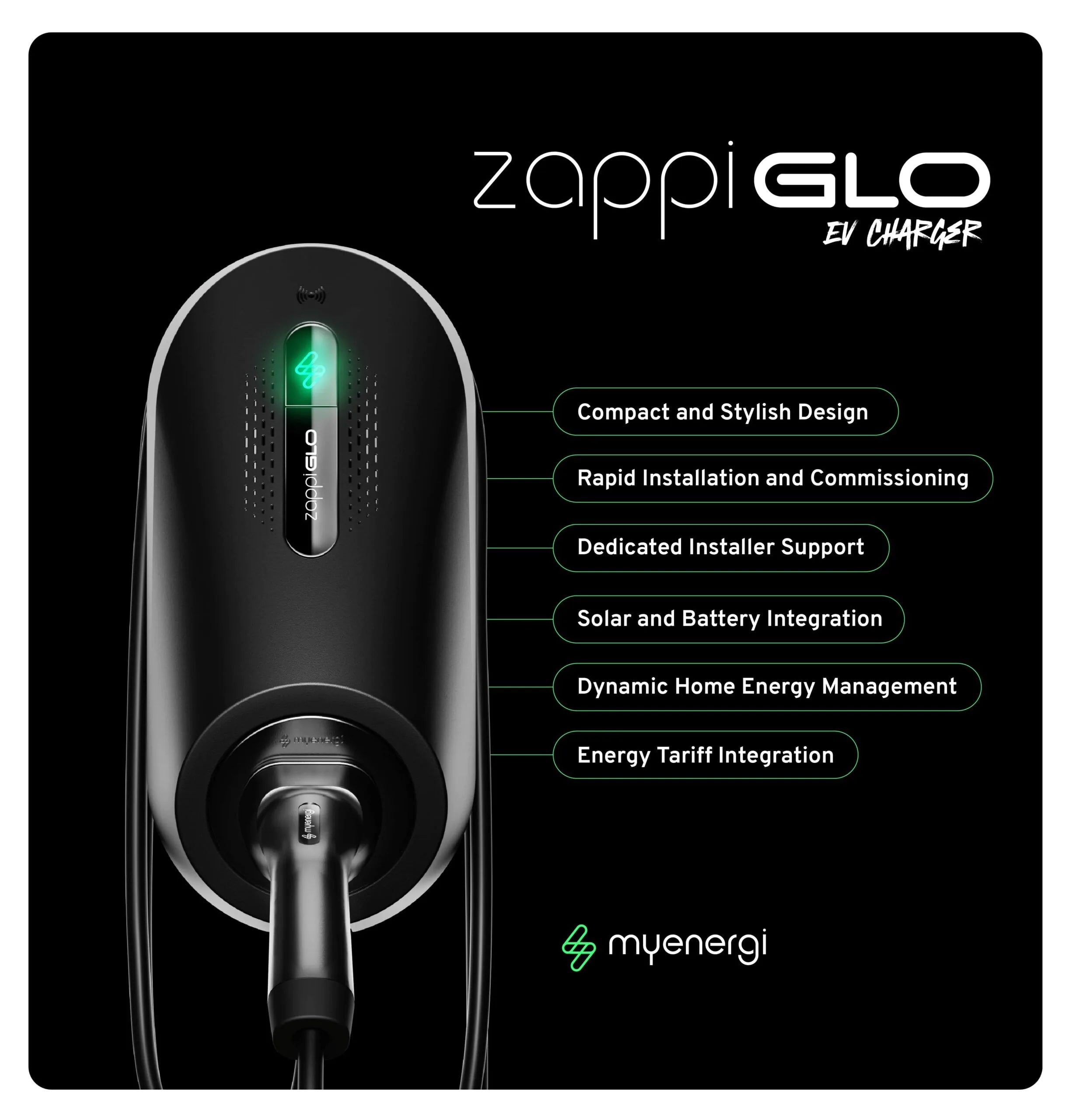 Get your UK-built black myenergi Zappi GLO EV charger from ON-EV and get a custom home installation quote.