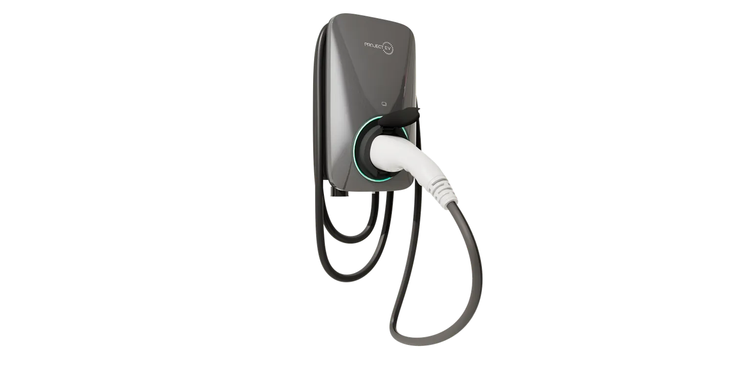 Project EV wall-mounted EV charger in dark grey, right side view with tethered white charging cable - UK home charging point