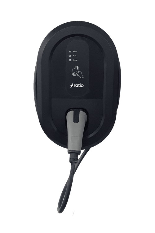 Ratio iO6 EV charger with tethered Premium Cable variant, oval black body with status LEDs, ratio branding and Type 2 cable plug attached at base