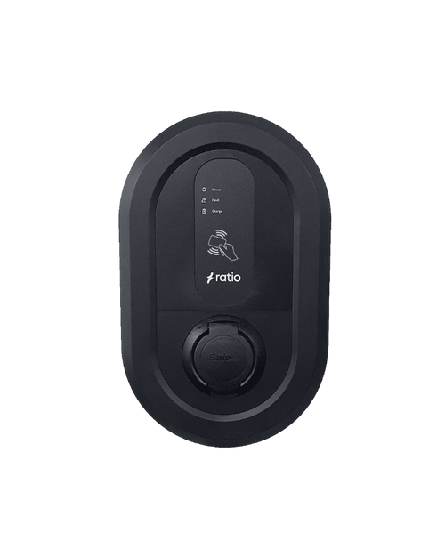 Ratio iO6 EV charger front view in matte black, oval wedge body with Power, Fault and Charge status LEDs, RFID icon, ratio logo and Type 2 socket cover