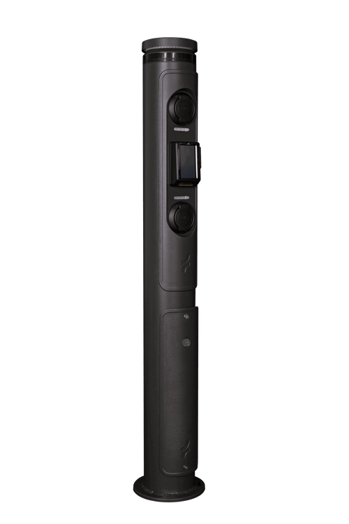Ratio iO7 commercial EV charging bollard with payment terminal close-up showing socket covers and contactless card reader display