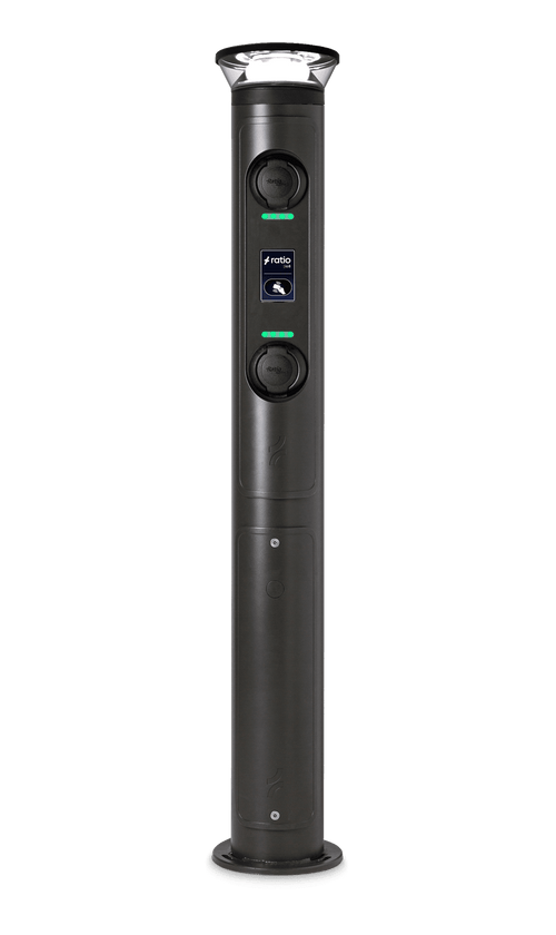 Ratio iO8 commercial EV charging bollard with illuminated amenity-style crystal top cap, two Type 2 sockets, central display and green status LEDs