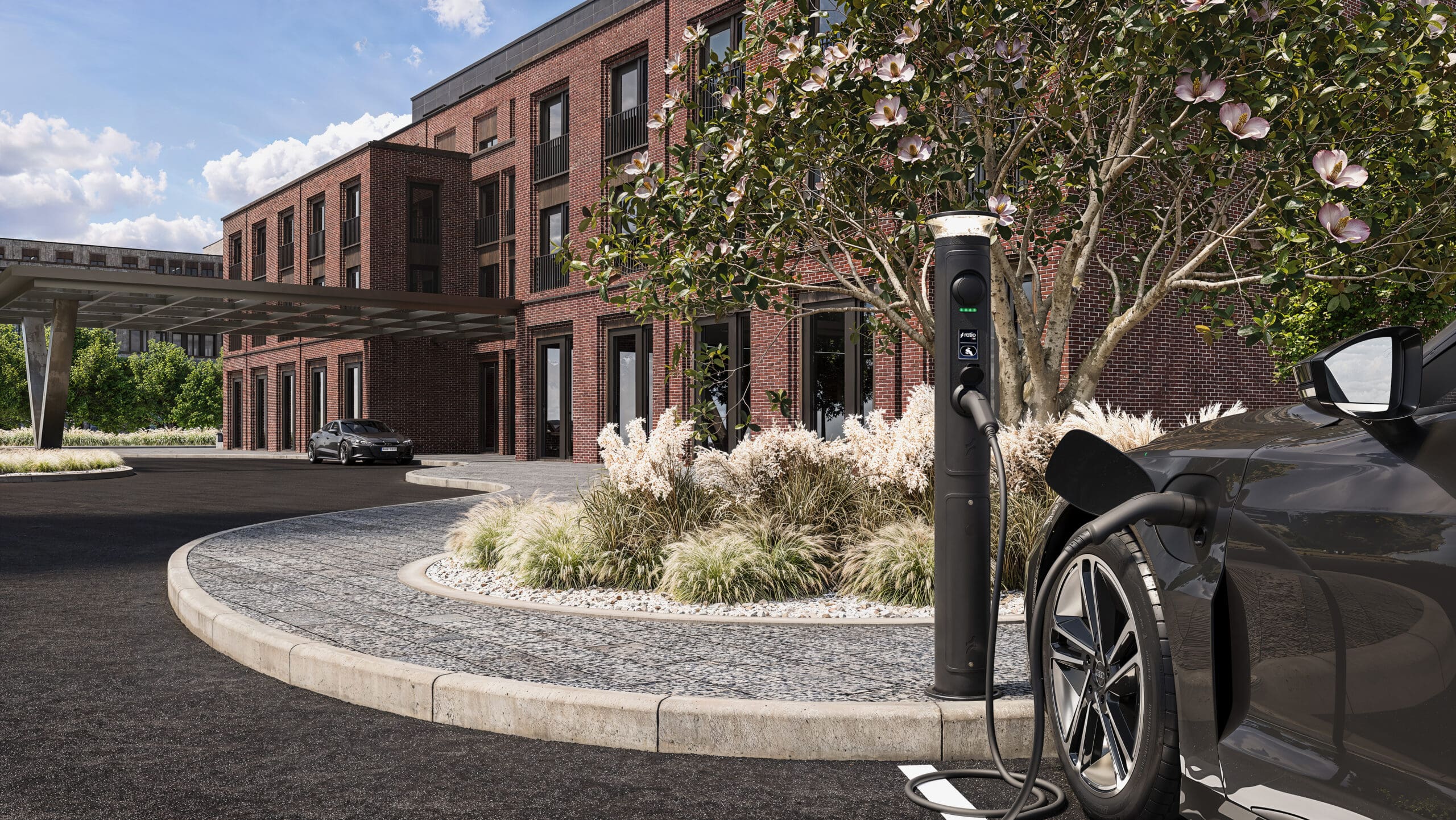 Ratio io8 | Amenity EV Charging Post | 7.4kW / 22kW | 360 Lighting