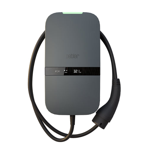 Peblar Home 11kW Type 2 EV charger in grey with tethered cable looped over body, green status LED at top corner and digital readout display