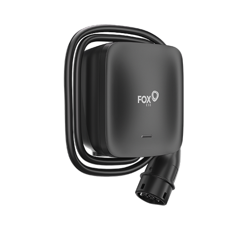 Fox ESS L Series 7kW tethered home EV charger in matte black, three-quarter view with FOX ESS logo, coiled tethered cable wrapped behind and Type 2 connector visible at base
