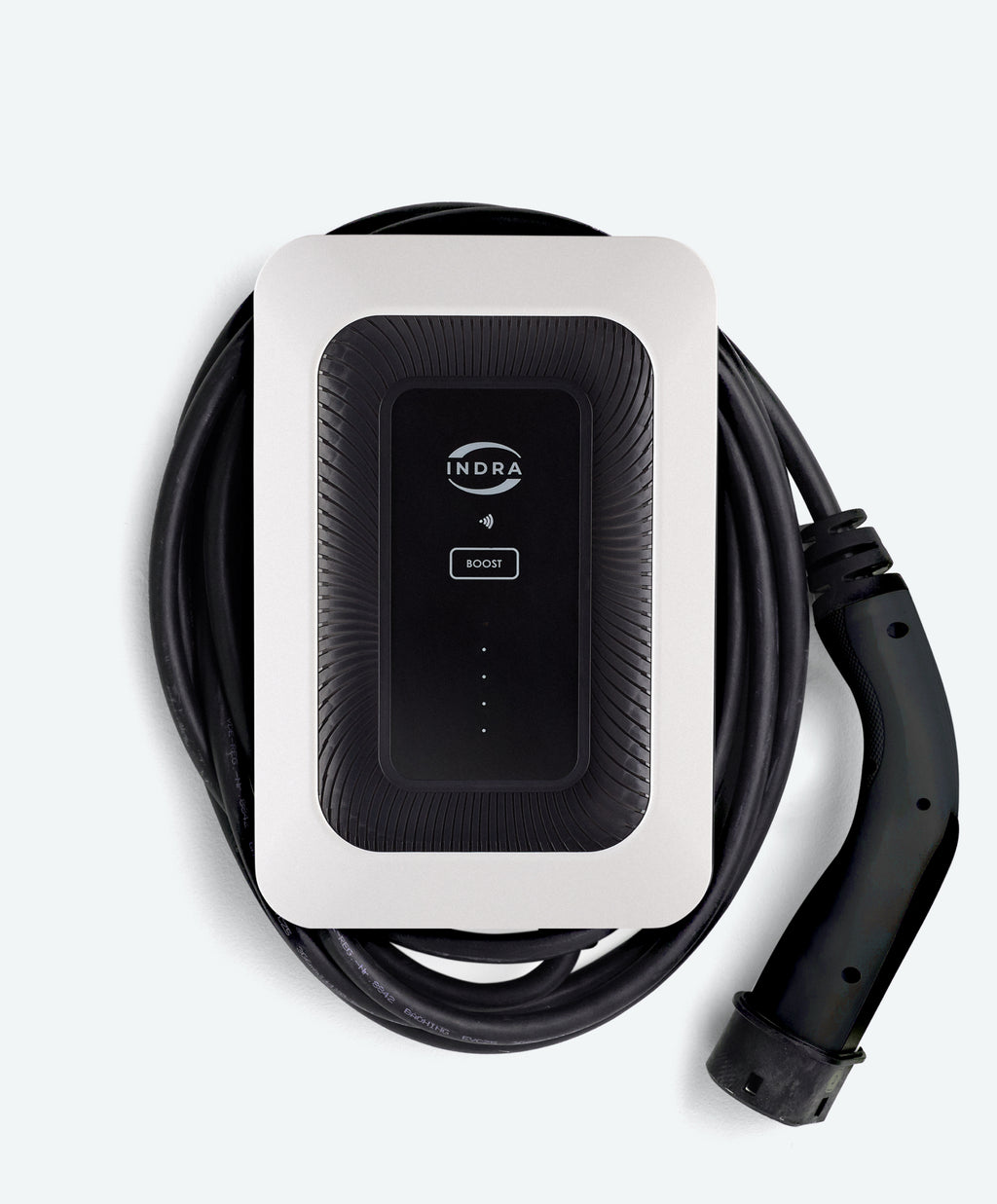 Shop the white Indra Smart LUX tethered EV charger at ON-EV and view our installation prices.