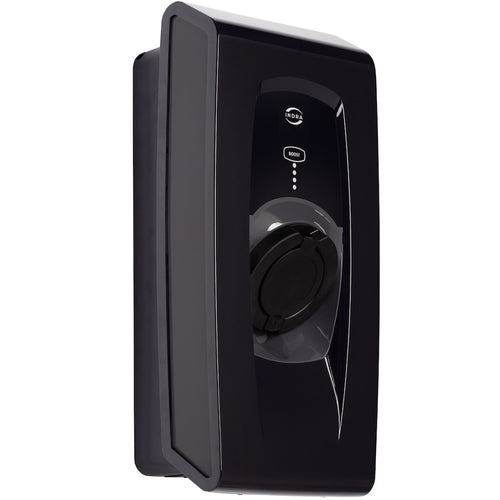 Indra Smart PRO untethered home EV charger in glossy black, slightly angled side view with INDRA logo, BOOST button and Type 2 socket cover