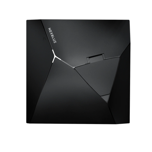 NexBlue Point home EV charger in matte black with faceted angular body, NEXBLUE wordmark and folded triangular Type 2 socket cover
