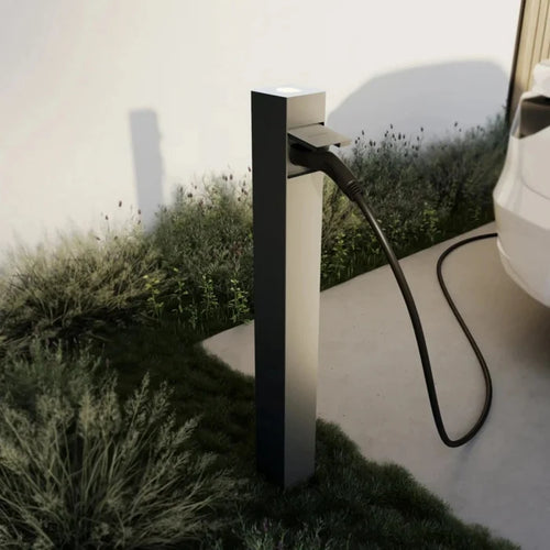 Smappee EV One 22kW pedestal charger with cable plugged into electric car - buy ground mount home EV charger