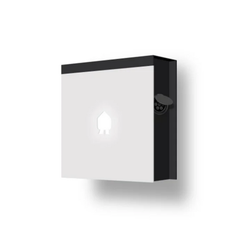 Smappee EV Wall 22kW 3-phase Type 2 EV charger angled 3D render with white front, illuminated house logo and black side profile with Type 2 socket