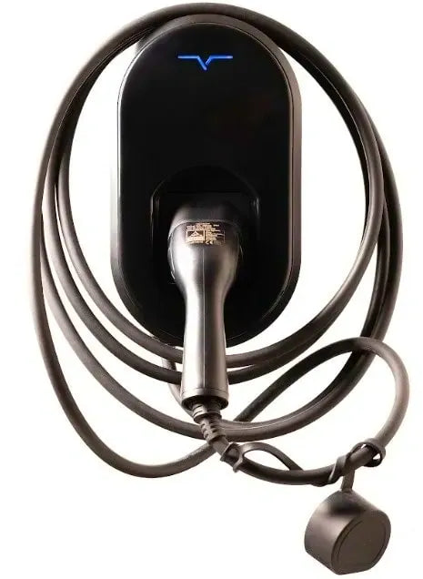vCHRGD Pro tethered EV charger in black with coiled charging cable - UK home charger