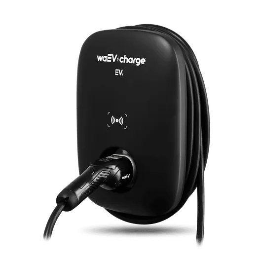 waEV-charge EV1i 7.4kW tethered EV charger, black wall unit with shadow - UK home charging point