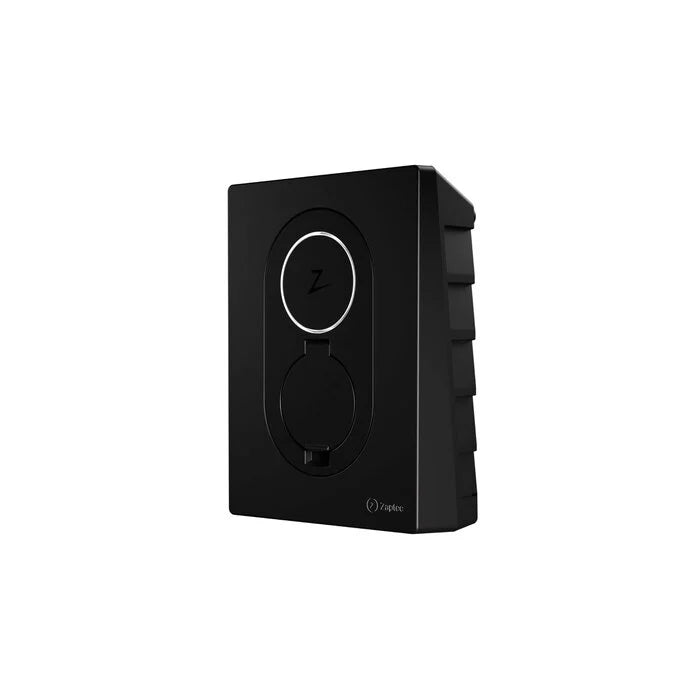 Zaptec Go 2 22kW EV charger three-quarter angled view in black showing slim profile and side cooling fins on rear